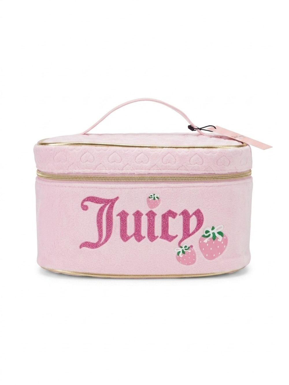 Juicy Couture Pink Plush Heart Toiletry Pouch - NWT - Gold Trim & Strawberry Det